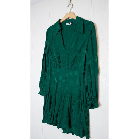 RIXO LONDON Indy Green Floral Satin Jacquard Long Sleeve Mini Dress US MEDIUM - Picture 6 of 14
